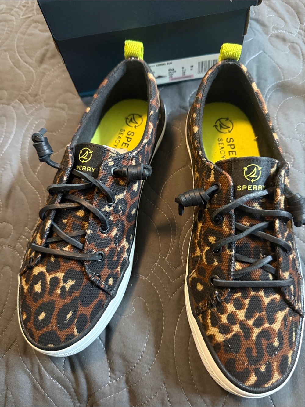 Sperry Crest Vibe Animal Black Leopard-Print Sneakers with Yellow Accents NIB